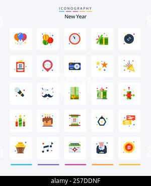 Creative New Year 25 Flat icon pack  Such As multimedia. disk. countdown. surprise. open Stock Vector