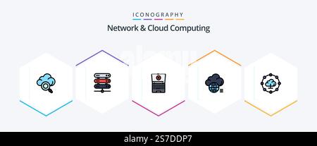 Network And Cloud Computing 25 FilledLine icon pack including share. cloud computing. computing. technology. light Stock Vector