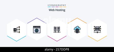 Web Hosting 25 FilledLine icon pack including . server. data. network. hosting network Stock Vector