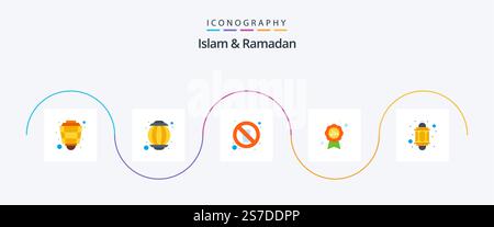 Islam And Ramadan Flat 5 Icon Pack Including light. badge. drinking. halal. water Stock Vector