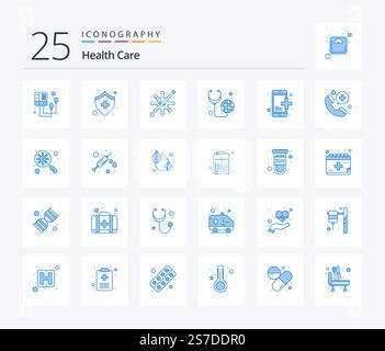 Health Care 25 Blue Color icon pack including appointment. stethoscope. bacteria. medical. global health Stock Vector