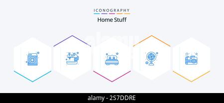 Home Stuff 25 Blue icon pack including photo. electric. bed. fan. appliance Stock Vector