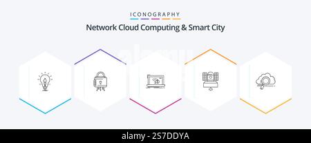 Network Cloud Computing And Smart City 25 Line icon pack including broadcast. internet. protection. lost. error Stock Vector