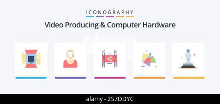 Video Producing And Computer Hardware Flat 5 Icon Pack Including graphics. abstract. girl. share. movie. Creative Icons Design Stock Vector