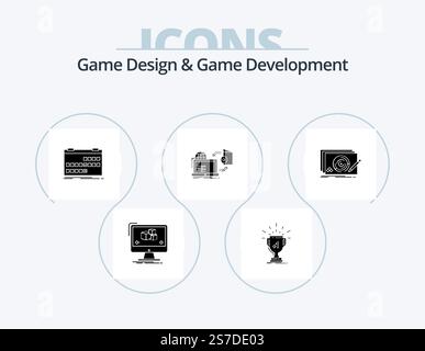 Game Design And Game Development Glyph Icon Pack 5 Icon Design. game. disc. prize. schedule. event Stock Vector