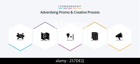 Advertising Promo And Creative Process 25 Glyph icon pack including media. navigate. lightbulb. key Stock Vector