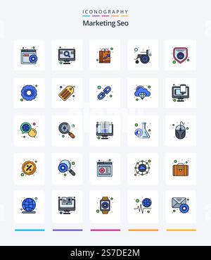 Creative Marketing Seo 25 Line FIlled icon pack  Such As disability. cogwheel. bag. approachability. like Stock Vector