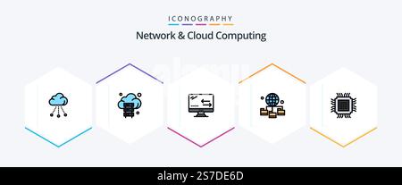 Network And Cloud Computing 25 FilledLine icon pack including cloud. folder. cloud. technology. globe Stock Vector