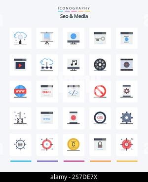 Creative Seo & Media 25 Flat icon pack  Such As page. media. web. keywords. web Stock Vector