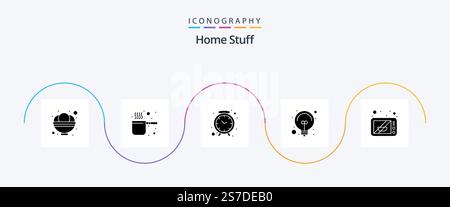 Home Stuff Glyph 5 Icon Pack Including microwave. light. clock. decoration. bulb Stock Vector