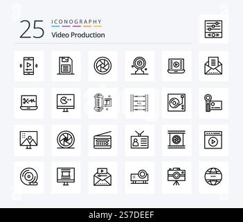 Video Production 25 Line icon pack including news target. focus board. sd card. aim board. camera lenses Stock Vector