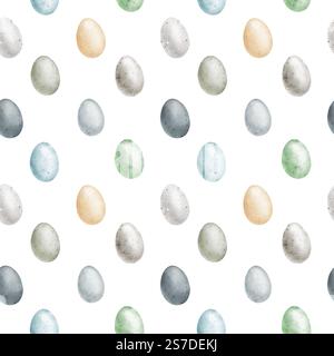 Delicate Easter eggs on seamless pattern. Watercolor digital illustration. Pink, blue, green and yellow eggs with cute spots isolated on white backgro Stock Photo