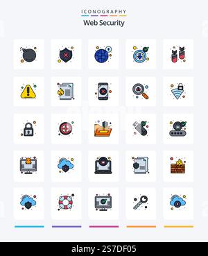 Creative Web Security 25 Line FIlled icon pack  Such As attack. down. global. cyber. security Stock Vector