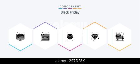 Black Friday 25 Glyph icon pack including special. friday. sale. diamond. percentage sale Stock Vector
