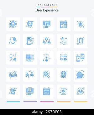 Creative User Experience 25 Blue icon pack  Such As shield. antivirus. website. ux. testing Stock Vector