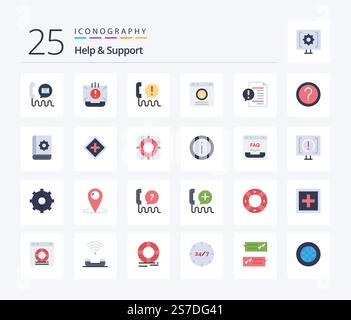 Help And Support 25 Flat Color icon pack including document. communication. communication. support. chat alert Stock Vector