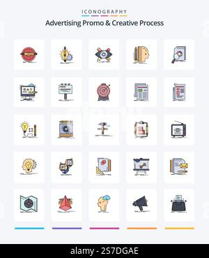 Creative Advertising Promo And Creative Process 25 Line FIlled icon pack  Such As ruler. design. lamp. tools. illustration Stock Vector