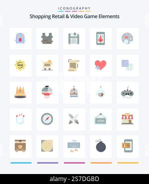 Creative Shoping Retail And Video Game Elements 25 Flat icon pack  Such As new. space. save. flag. smartphone Stock Vector