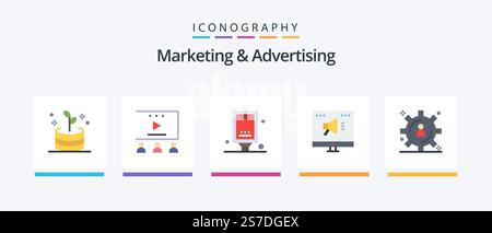 Marketing And Advertising Flat 5 Icon Pack Including content storage. online. announcement. marketing. ad. Creative Icons Design Stock Vector
