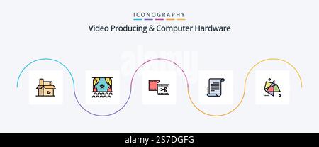 Video Producing And Computer Hardware Line Filled Flat 5 Icon Pack Including scenario. decree. performance. movie. edit Stock Vector