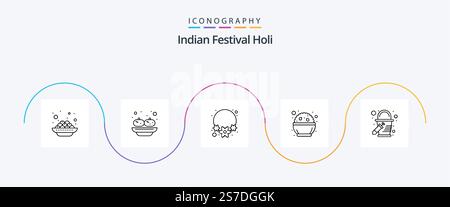 Holi Line 5 Icon Pack Including paint bucket. bucket. flower. phirni. india Stock Vector
