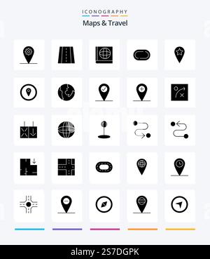 Creative Maps & Travel 25 Glyph Solid Black icon pack  Such As map marker. location. road. gps. location Stock Vector