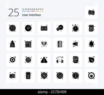 User Interface 25 Solid Glyph icon pack including note. timer. education. watch. message Stock Vector
