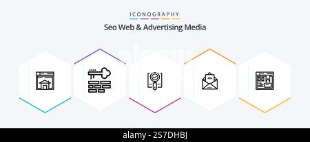 Seo Web And Advertising Media 25 Line icon pack including email. ad. layout. search. magnifier Stock Vector