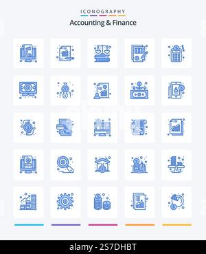 Creative Accounting And Finance 25 Blue icon pack  Such As money. document. chart. balance. marketing Stock Vector