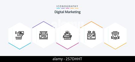 Digital Marketing 25 Line icon pack including youtube. record. online. video. keys Stock Vector