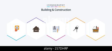 Building And Construction 25 Flat icon pack including keys. paper. repair. construction. architecture Stock Vector
