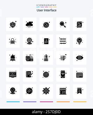 Creative User Interface 25 Glyph Solid Black icon pack  Such As phone book. directory. play. book. search Stock Vector