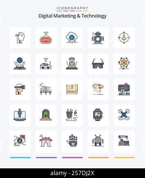 Creative Digital Marketing And Technology 25 Line FIlled icon pack  Such As user. robot. internet. robotic. human Stock Vector