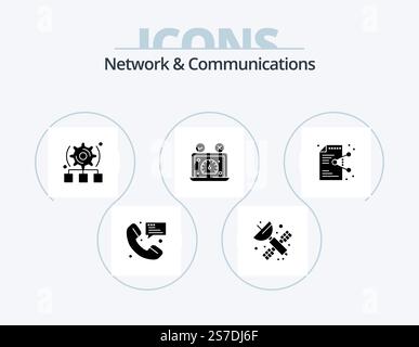 Network And Communications Glyph Icon Pack 5 Icon Design. website. performance. science. dashboard. server Stock Vector