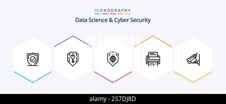 Data Science And Cyber Security 25 Line icon pack including document. data. shield. confidential. globe Stock Vector