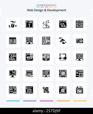 Creative Web Design And Development 25 Glyph Solid Black icon pack  Such As . web. font. interface. graphic Stock Vector