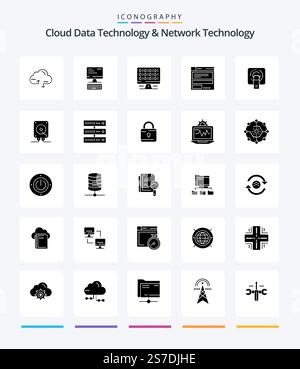 Creative Cloud Data Technology And Network Technology 25 Glyph Solid Black icon pack  Such As tuch. code. web. computing. file Stock Vector