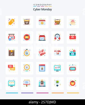 Creative Cyber Monday 25 Flat icon pack  Such As hand. big deal. date. shopping basket. plus Stock Vector