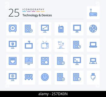Devices 25 Blue Color icon pack including display. walkie talkie. hardware. radio. tv Stock Vector
