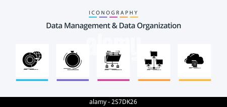 Data Management And Data Organization Glyph 5 Icon Pack Including connection. database. process. network. files. Creative Icons Design Stock Vector