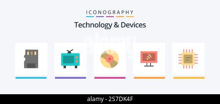 Devices Flat 5 Icon Pack Including . microchip. dvd. cpu. wifi. Creative Icons Design Stock Vector