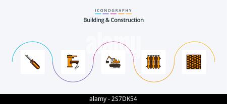 Building And Construction Line Filled Flat 5 Icon Pack Including battery. radiator. water. truck. construction Stock Vector