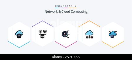 Network And Cloud Computing 25 FilledLine icon pack including technology. cloud. computing. technology. server Stock Vector
