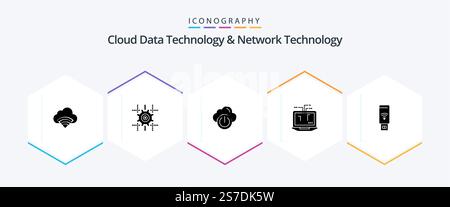 Cloud Data Technology And Network Technology 25 Glyph icon pack including wifi . hardware. cloud. laptop. computer Stock Vector