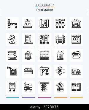 Creative Train Station 25 OutLine icon pack  Such As ticket. building. map. clock. train Stock Vector