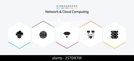 Network And Cloud Computing 25 Glyph icon pack including network. computing. technology. technology. internet Stock Vector