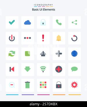 Creative Basic Ui Elements 25 Flat icon pack  Such As share. call. lock. telephone. phone Stock Vector