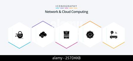 Network And Cloud Computing 25 Glyph icon pack including technology. electronic. laptop. device. network Stock Vector