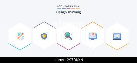 Design Thinking 25 Flat icon pack including draw. screen. brain. setting. document Stock Vector