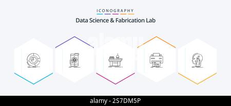 Data Science And Fabrication Lab 25 Line icon pack including printing. digital. research. production. lab Stock Vector